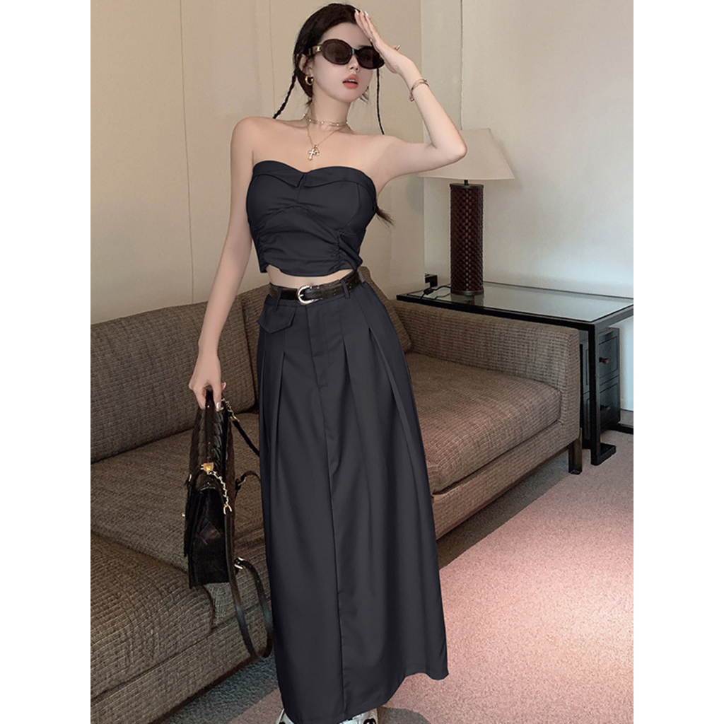 TB001 Set Croptop áo cúc ngực chân váy dài xếp ly kaki 2 màu đường phố thu đông cao cấp