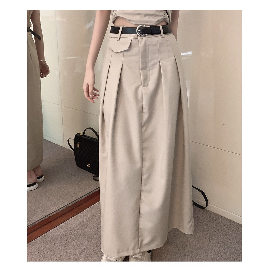 TB001 Set Croptop áo cúc ngực chân váy dài xếp ly kaki 2 màu đường phố thu đông cao cấp