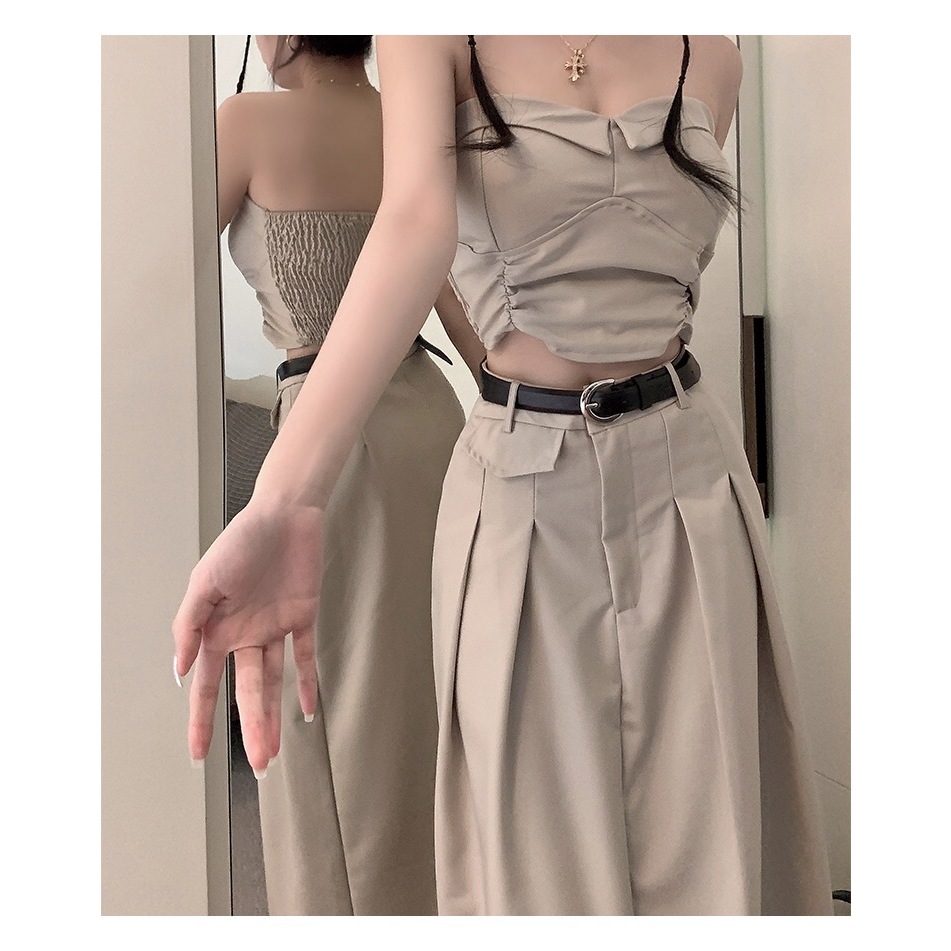 TB001 Set Croptop áo cúc ngực chân váy dài xếp ly kaki 2 màu đường phố thu đông cao cấp