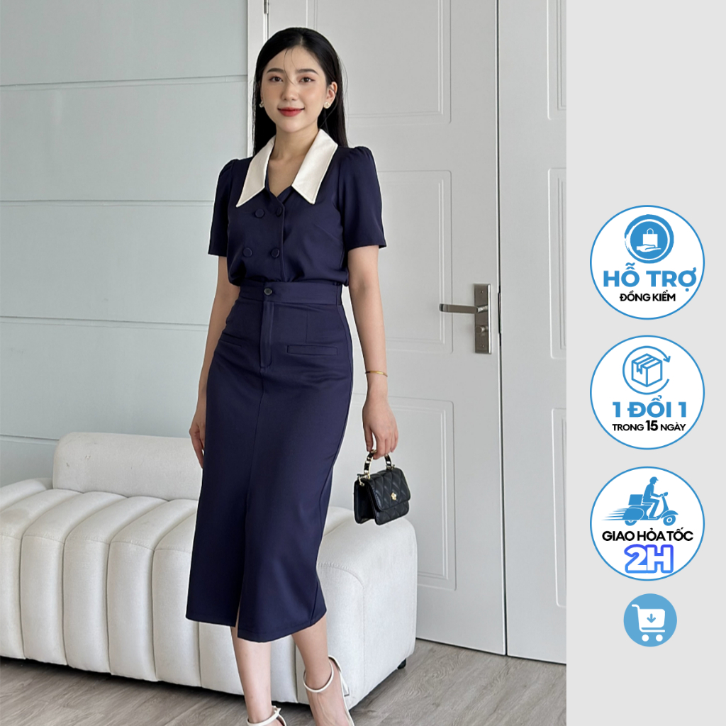 Set váy công sở áo sơ mi cổ vest tay ngắn phối chân váy bút chì xẻ tà trước thanh lịch U&M