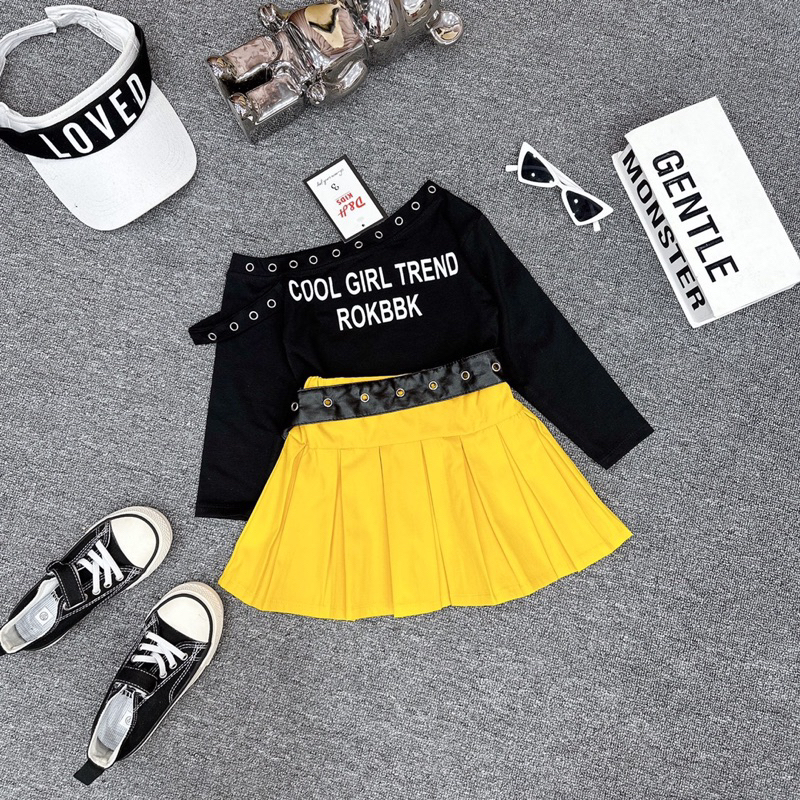 Set váy xoè đai da phối áo cotton trễ vai đc dập ure hàng dài tạo kiểu cách size nhí 12-25kg Top1oder_0243_3TB17110611