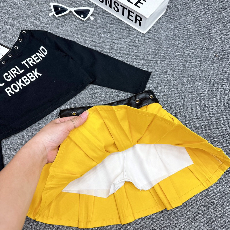 Set váy xoè đai da phối áo cotton trễ vai đc dập ure hàng dài tạo kiểu cách size nhí 12-25kg Top1oder_0243_3TB17110611