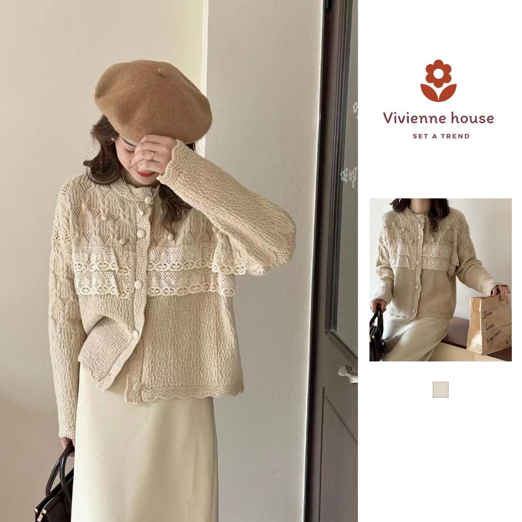 Áo Khoác Len Kiểu VIVIENNE áo cardigan cổ tròn phối ren tầng, họa tiết tiểu thư sang chảnh