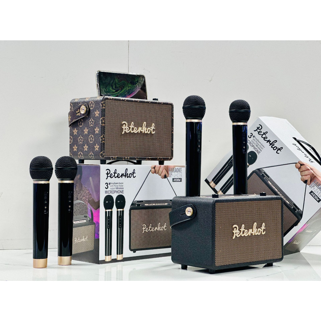Loa karaoke Peterhot A108W, A106W, kèm 2 micro không dây, công suất 56W, loa bluetooth âm thanh siêu đỉnh, bass khủng