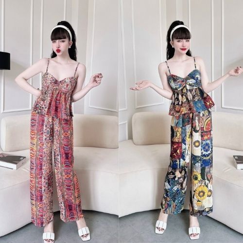 Set Bộ Kiểu Đi Chơi Nhistore Lụa Thổ Cẩm Áo Hai Dây Cúp Ngực Hai Lớp Quần Dài Ống Suông Từ 40kg đến 55kg