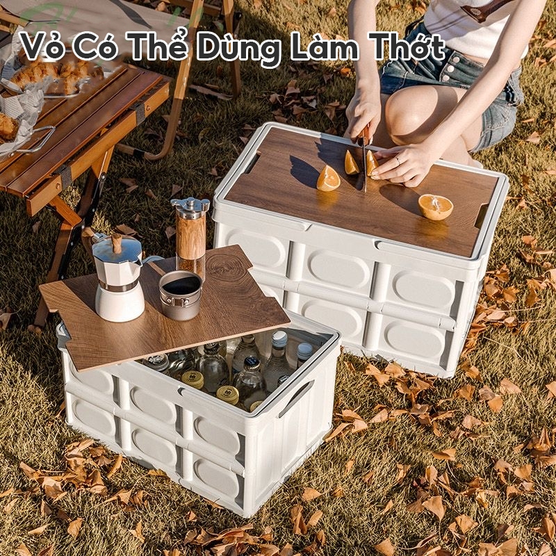 DECROOM Bàn camping gấp gọn kết hợp hộp đựng đồ đa năng bằng nhựa, nắp gỗ MDF để đi cắm trại, dã ngoại