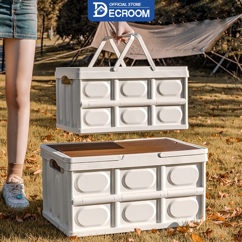 DECROOM Bàn camping gấp gọn kết hợp hộp đựng đồ đa năng bằng nhựa, nắp gỗ MDF để đi cắm trại, dã ngoại