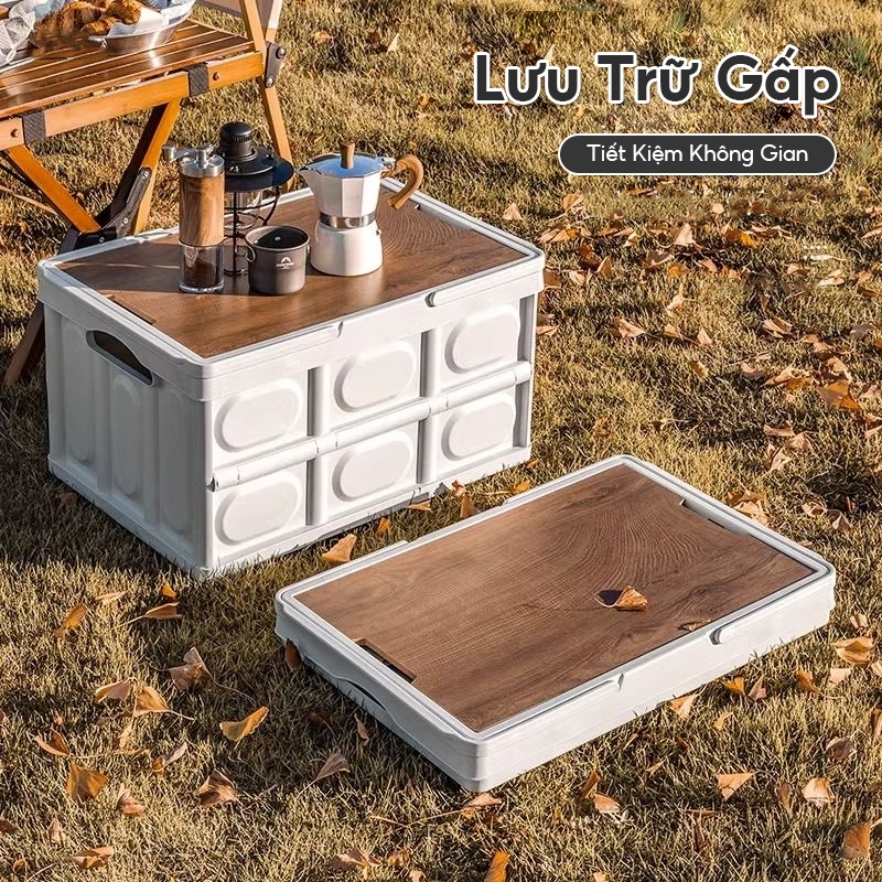 DECROOM Bàn camping gấp gọn kết hợp hộp đựng đồ đa năng bằng nhựa, nắp gỗ MDF để đi cắm trại, dã ngoại