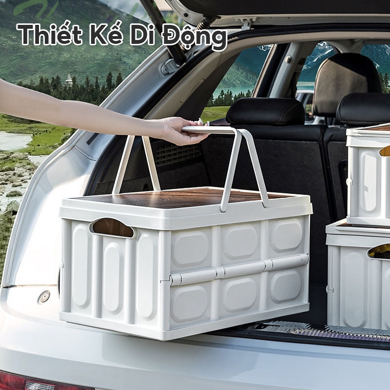 DECROOM Bàn camping gấp gọn kết hợp hộp đựng đồ đa năng bằng nhựa, nắp gỗ MDF để đi cắm trại, dã ngoại