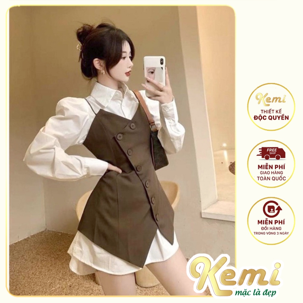 Sét đầm yếm sơ mi oversize tone màu xinh thiết kế ấn tượng Kemi