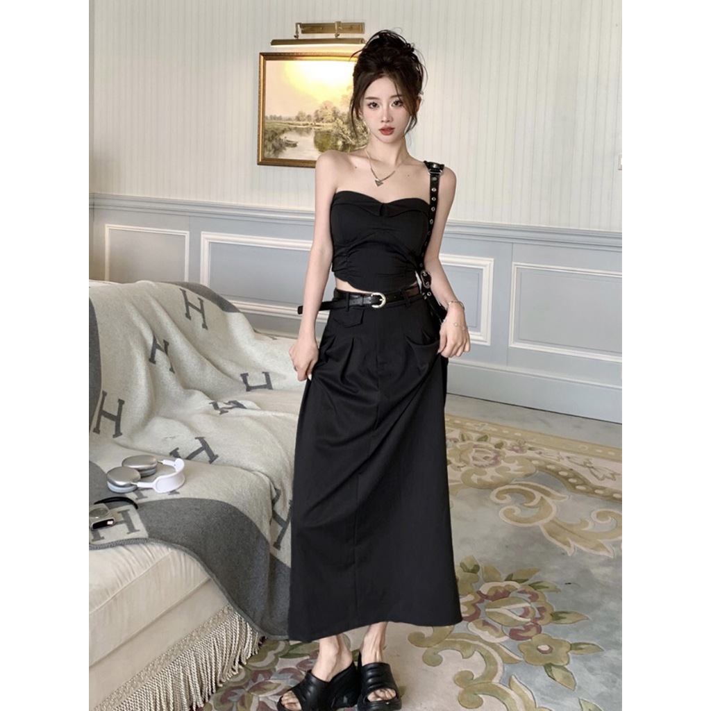 TB001 Set Croptop áo cúc ngực chân váy dài xếp ly kaki 2 màu đường phố thu đông cao cấp