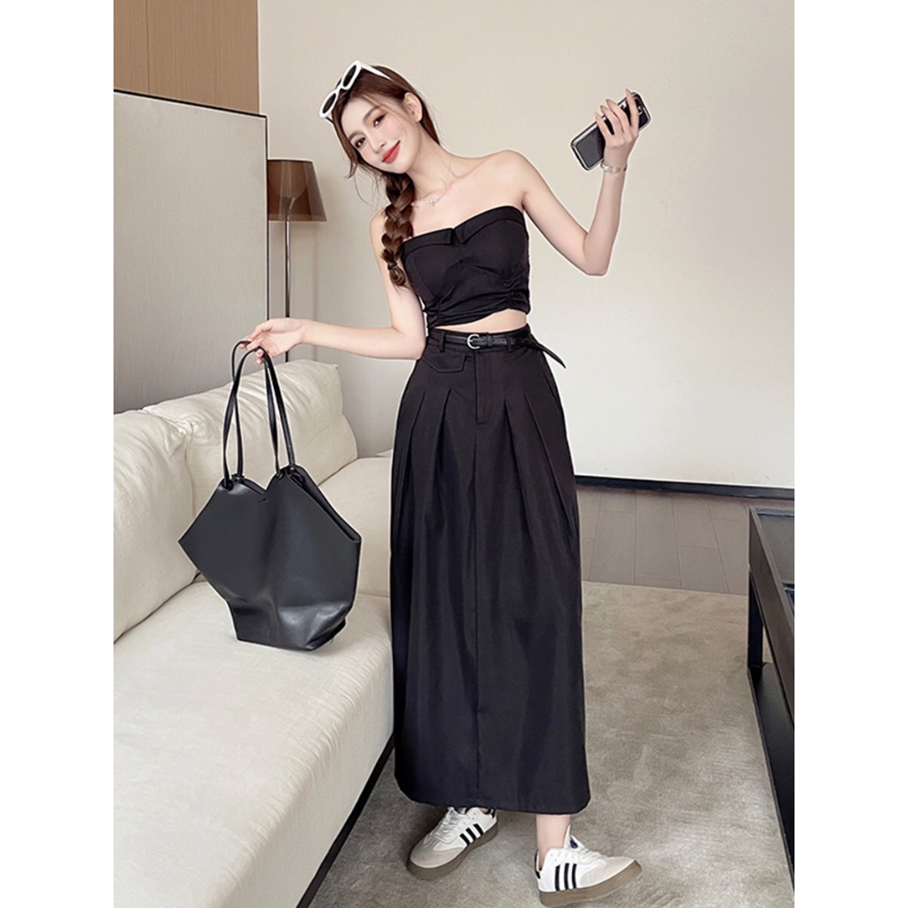 TB001 Set Croptop áo cúc ngực chân váy dài xếp ly kaki 2 màu đường phố thu đông cao cấp
