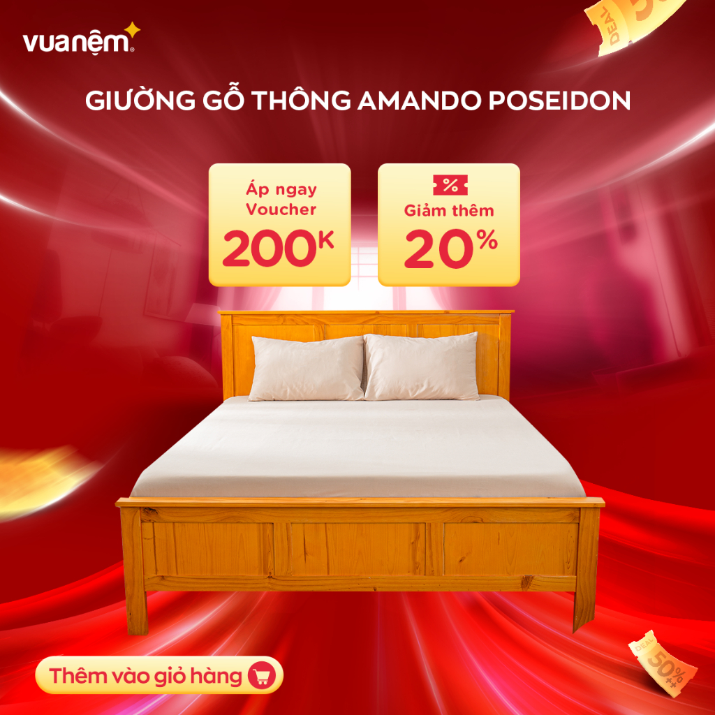 Giường gỗ thông Amando Poseidon 100% gỗ thông tự nhiên, vững chãi, bền bỉ với thời gian, hỗ trợ lắp đặt Hà Nội, Hồ Chí M