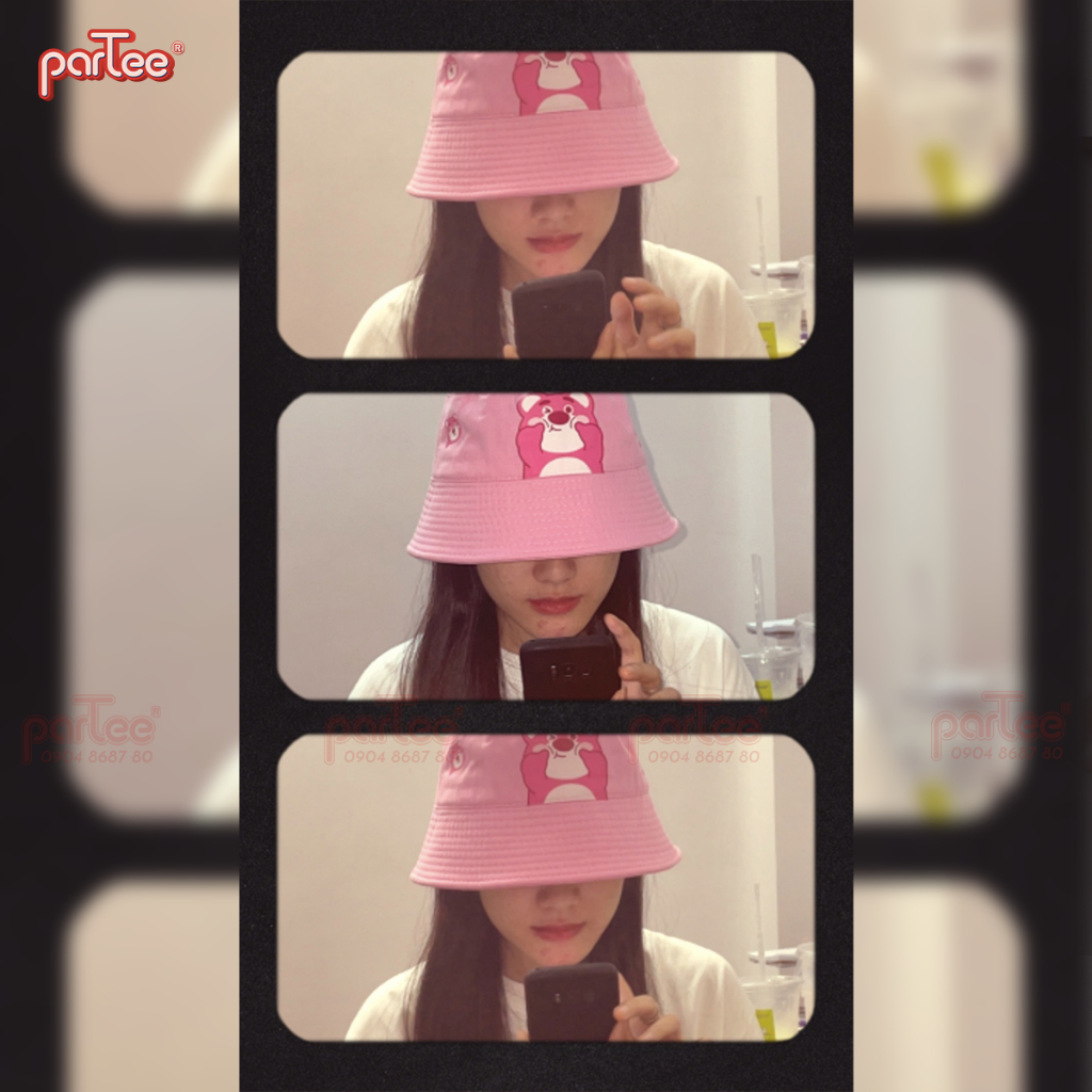 THƠM DÂU - Mũ Nón BUCKET Gấu Dâu Cute LOTSO In Gấu Bông Mùi Dâu Thơm Dâu Parteeshop