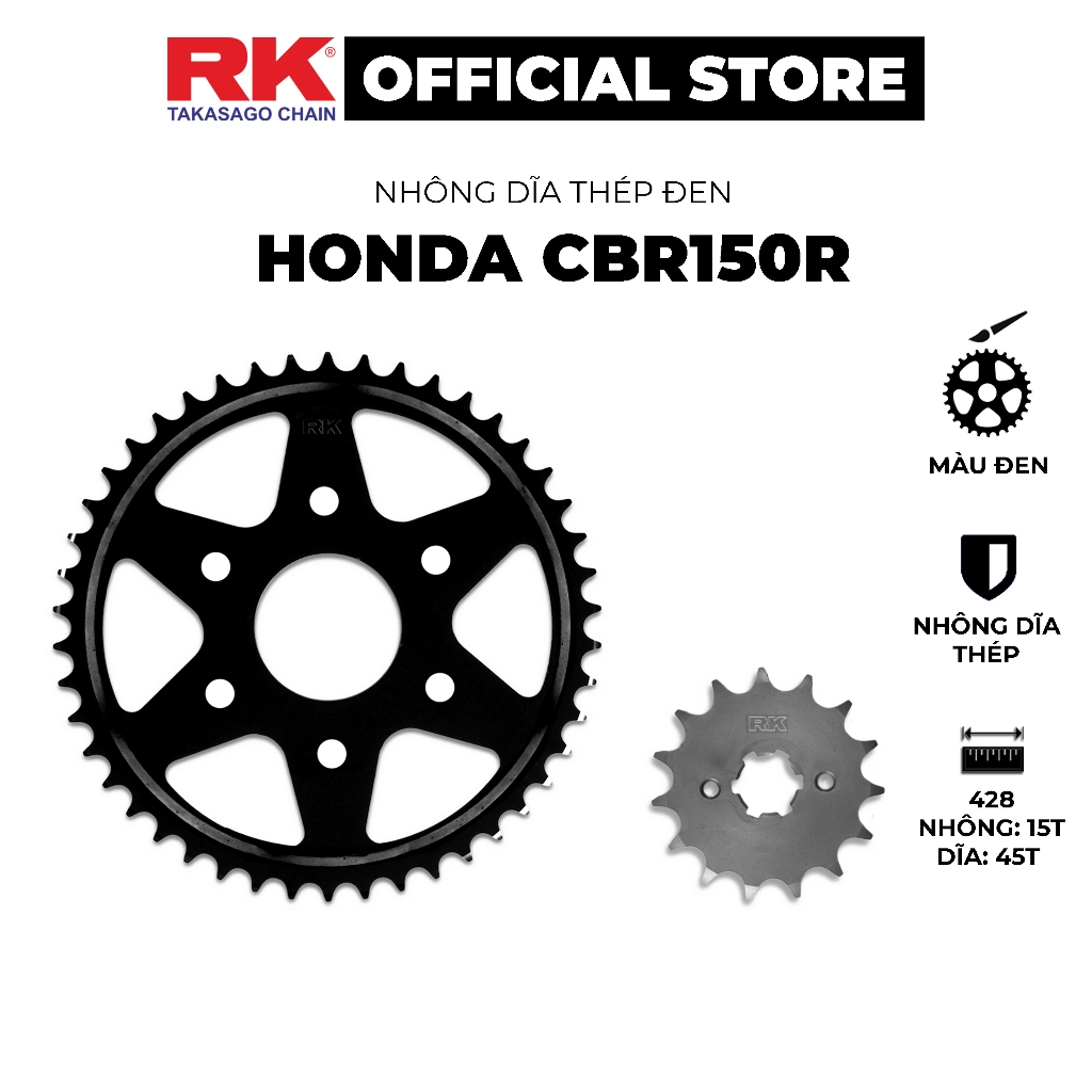 Nhông Dĩa RK Takasago chain cho xe máy Honda CBR150R, chất liệu: Thép mạ màu đen, độ dày Nhông Dĩa: 428
