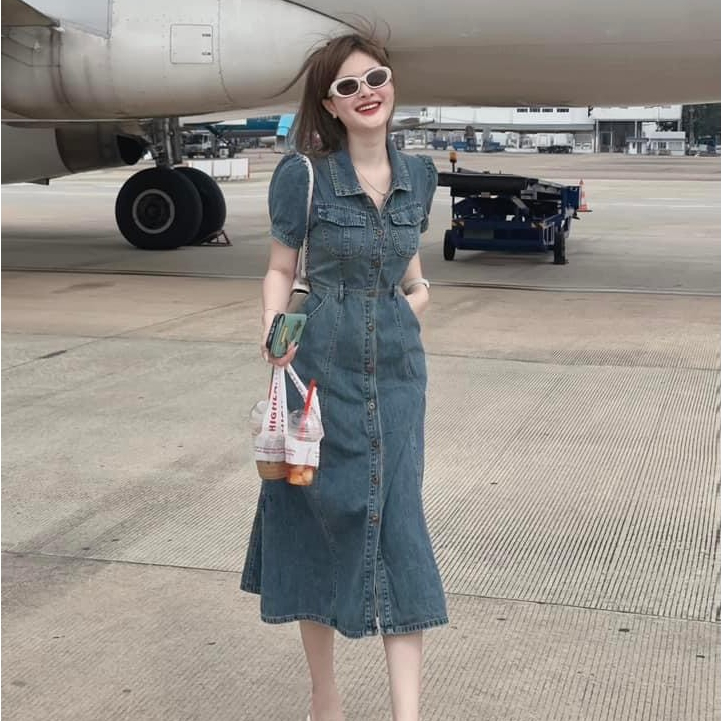 Đầm Jean Bò QC Cổ Somi Tay Bồng Midi Dáng Dài Phối Hàng Nút Đồng Sang Chảnh Mix Dây Cột Eo Siêu Dễ Thương Xinh Xắn