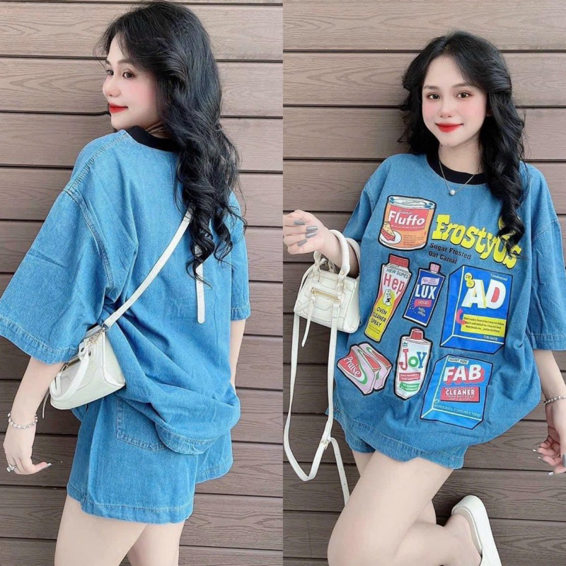 Set jean đùi áo sơ mi quần short ngắn lưng thun  65kg, Sét bò đùi