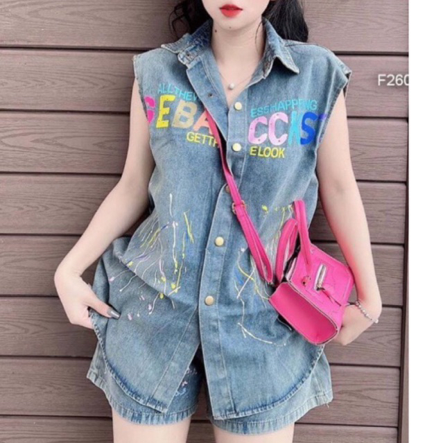 Set jean đùi áo sơ mi quần short ngắn lưng thun  65kg, Sét bò đùi