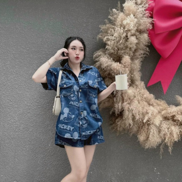 Set jean đùi áo sơ mi quần short ngắn lưng thun  65kg, Sét bò đùi