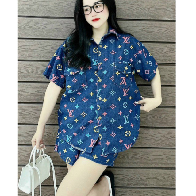 Set jean đùi áo sơ mi quần short ngắn lưng thun  65kg, Sét bò đùi