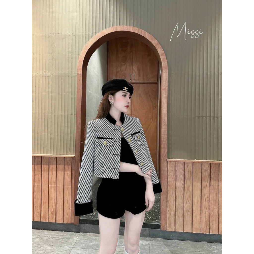 Áo dạ tweed kẻ mác miss, áo dạ có đệm vai dáng ngắn hai lớp hot trend