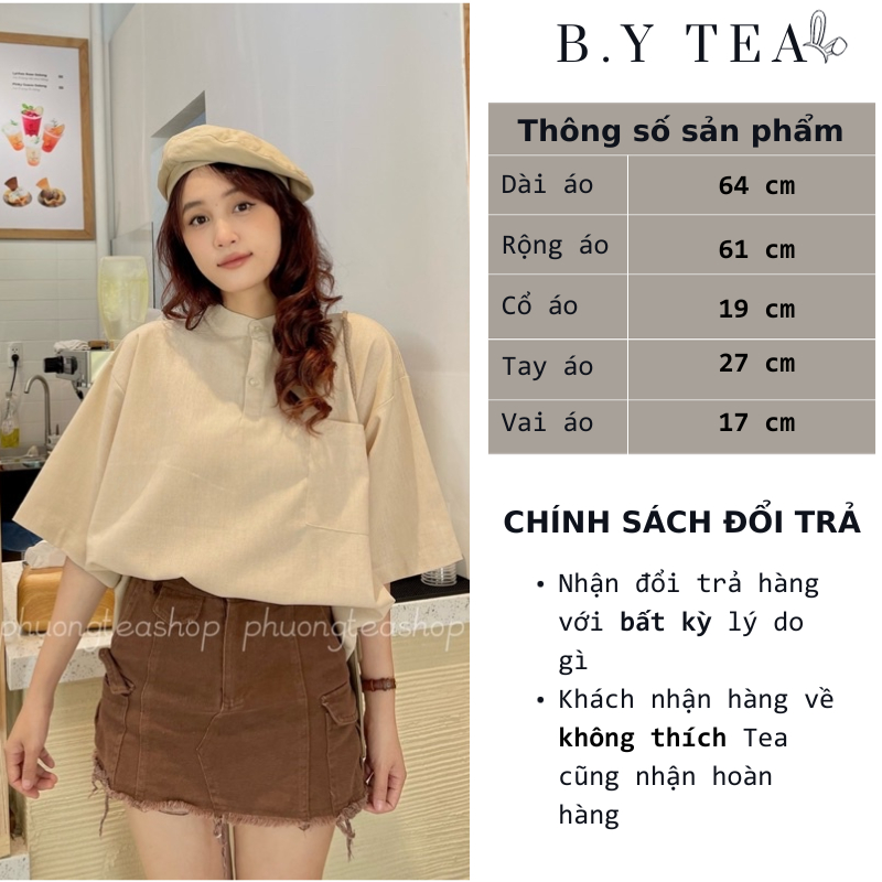 Áo sơ mi kiểu nữ, áo cổ tàu tay ngắn chất linen 3 màu sang xịn chuẩn hàn thời trang B.Y Tea Clothing