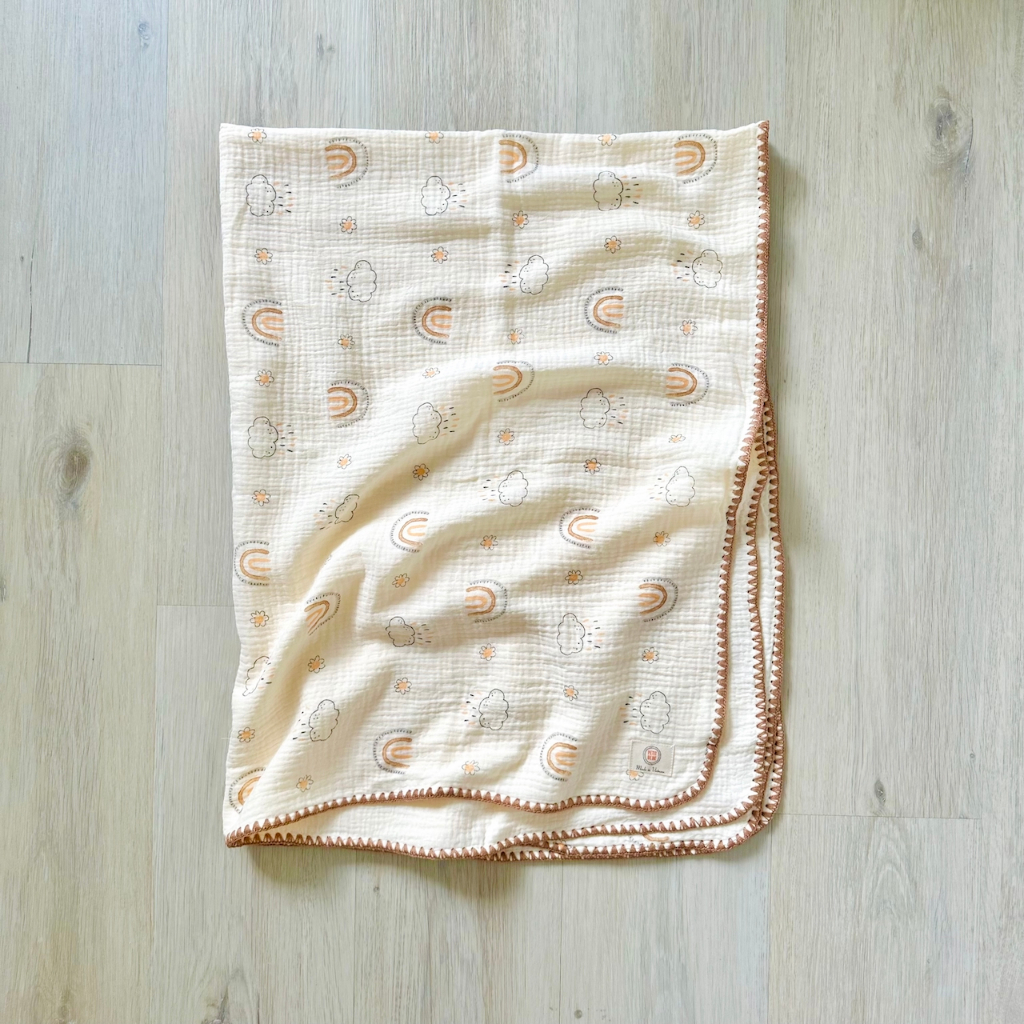 Chăn đa năng viền thủ công cho bé PETIT BEBE muslin thấm hút thoáng khí họa tiết thiên nhiên