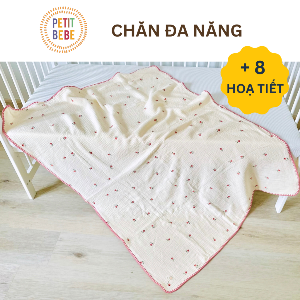 Chăn đa năng viền thủ công cho bé PETIT BEBE muslin thấm hút thoáng khí họa tiết thiên nhiên