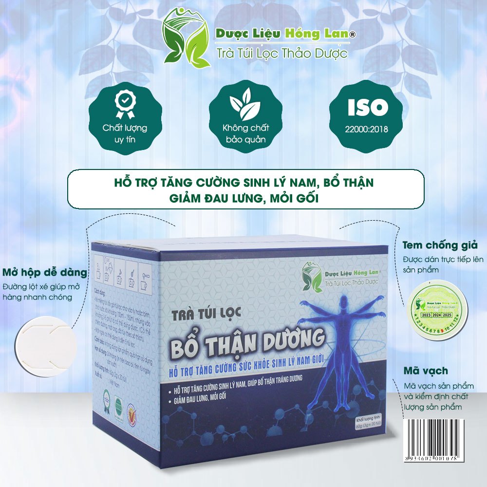 Trà Túi Lọc Bổ Thận Dương hộp 60g (20gói x 3g) (HT tăng cường sinh lý nam, giảm đau lưng, mỏi gối - Dược Liệu Hồng Lan