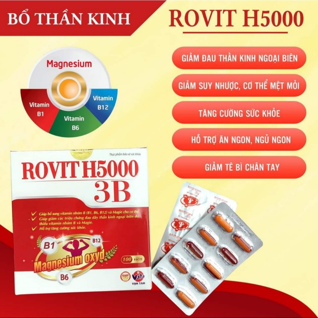 Rovit h5000 3b hộp 100 viên - bổ sung vitamin nhóm b,mg,giảm triệu chứng đau dây thần kinh ngoại biên