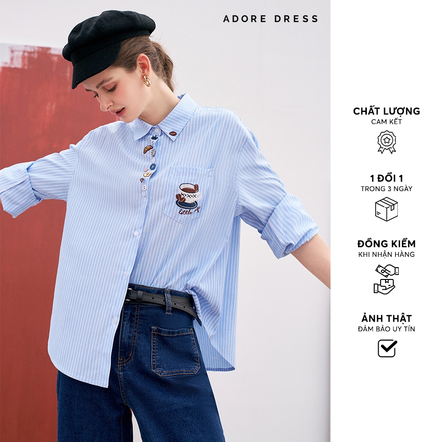 Áo sơ mi Shirts casual style thô lụa sọc blue thêu đính little cafe 312SH1094 ADORE DRESS