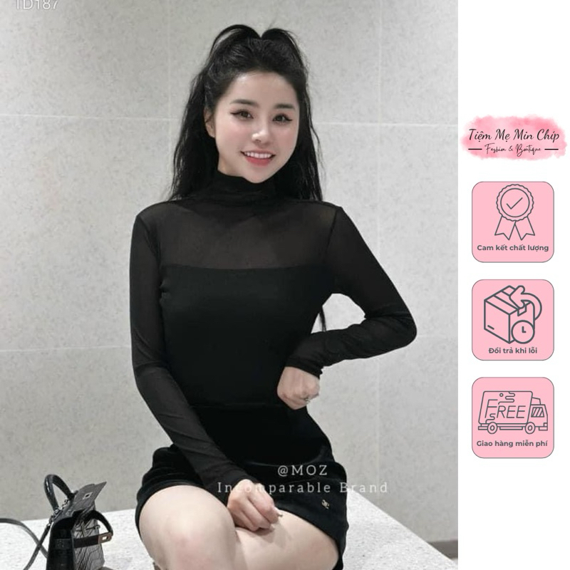 Áo thun đen mix tay lưới dài tay cổ 3p (Hàng auth)