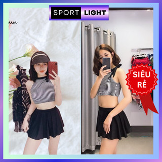 Đồ bơi nữ bikini đi biển váy xòe áo tắm sọc trắng đen buộc cổ Sport Light 025