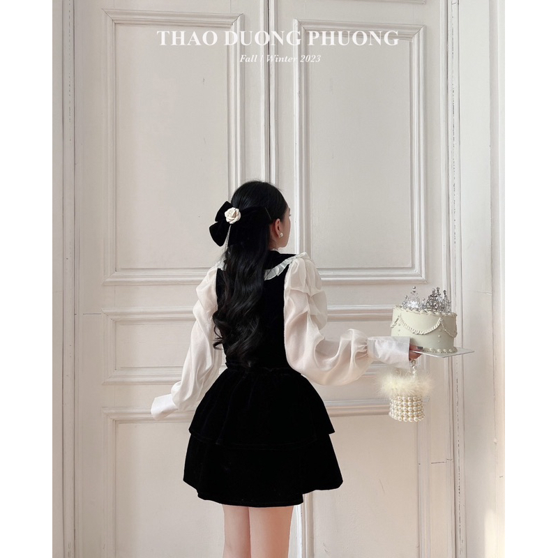 Set váy nhung hai món áo sơ mi tay bông