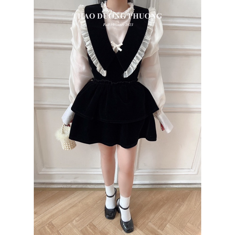 Set váy nhung hai món áo sơ mi tay bông