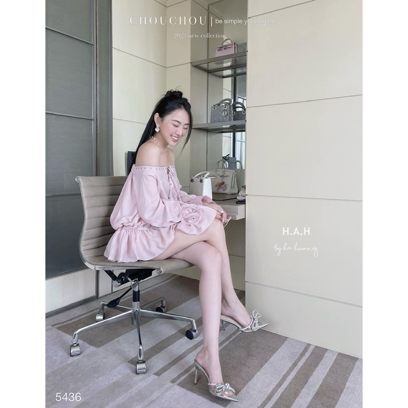 Set đầm trễ vai tiểu thư đan dây sang chảnh