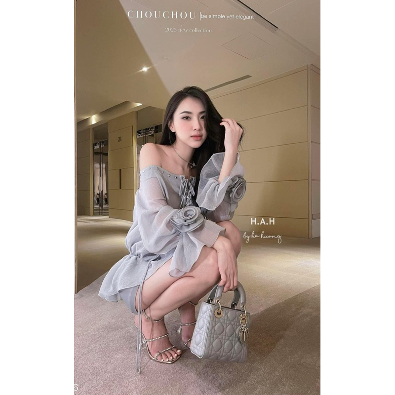 Set đầm trễ vai tiểu thư đan dây sang chảnh