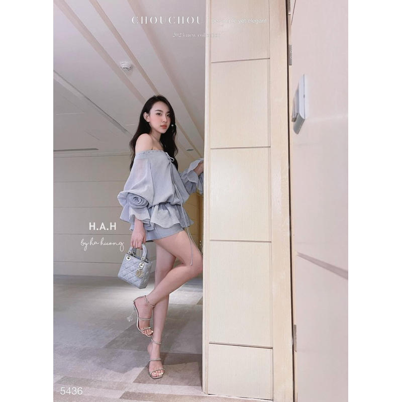 Set đầm trễ vai tiểu thư đan dây sang chảnh