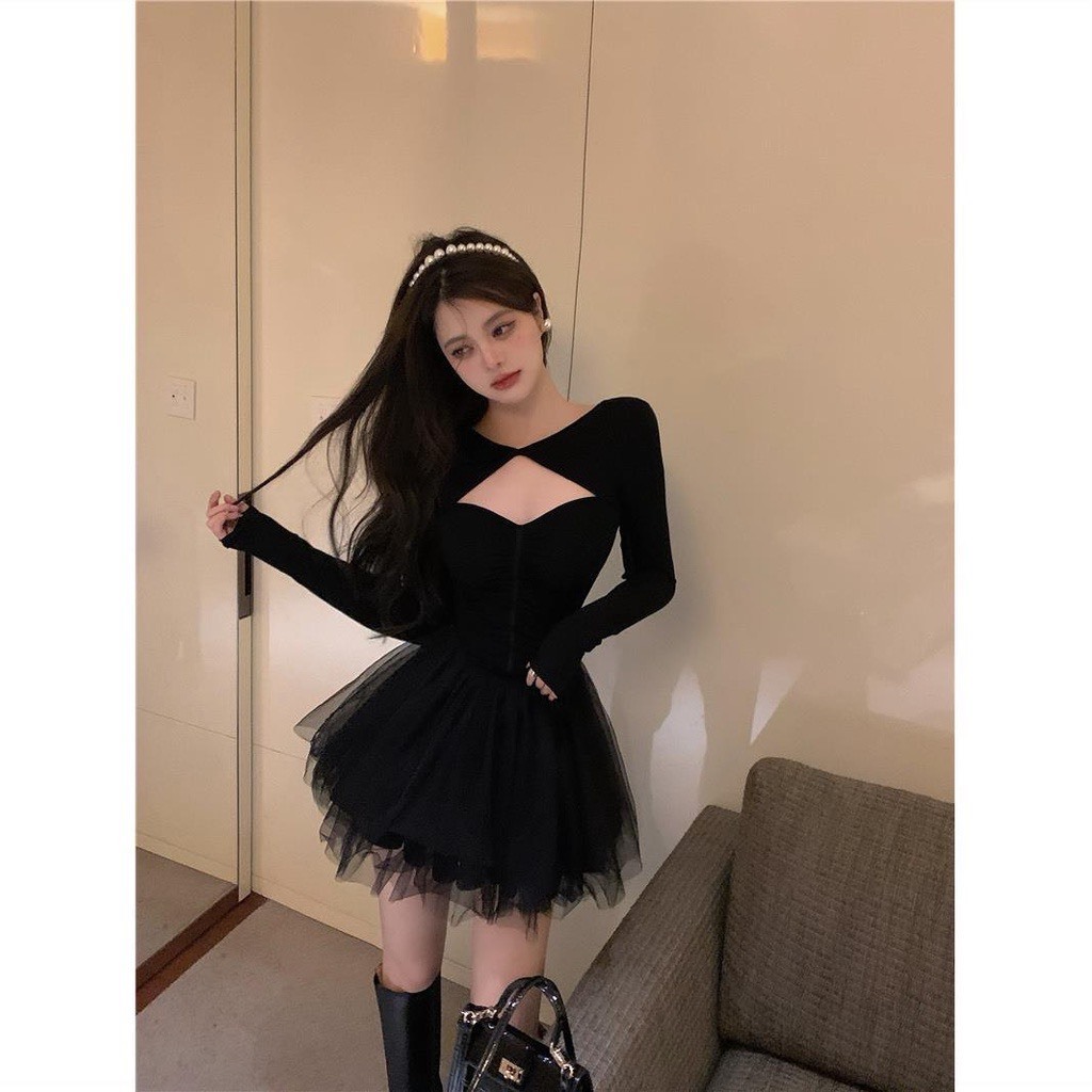 Váy đầm công chúa đen dáng xoè dài tay khoét ngực phối lưới hàng QC cao cấp  SP08