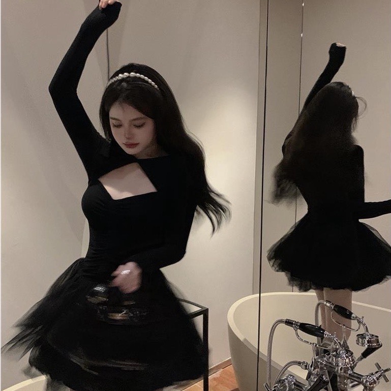 Váy đầm công chúa đen dáng xoè dài tay khoét ngực phối lưới hàng QC cao cấp  SP08