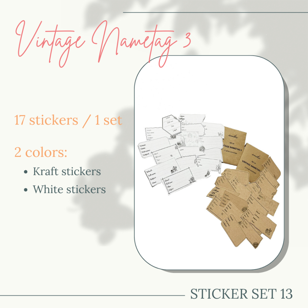SET 13: VINTAGE NAMETAG 3 - 17 stickers - nhãn vở vintage (trang trí sổ tay, planner, bullet journal,...)