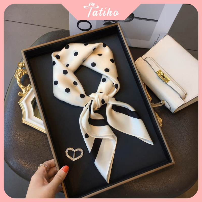 Khăn Lụa Vuông, Khăn Turban Họa Tiết Chấm Bi Màu Kem - Chất Liệu Chiffon - 70x70cm - Mã KL021