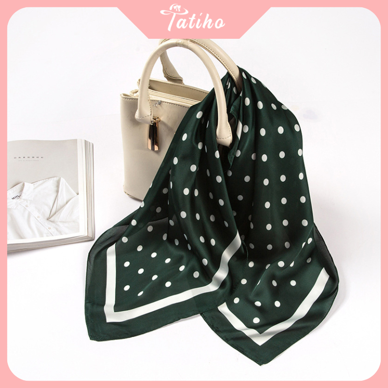 Khăn Lụa Vuông, Khăn Turban Họa Tiết Chấm Bi Màu Kem - Chất Liệu Chiffon - 70x70cm - Mã KL021