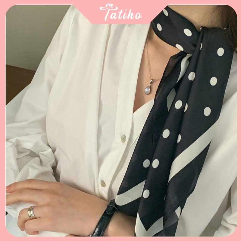 Khăn Lụa Vuông, Khăn Turban Họa Tiết Chấm Bi Màu Kem - Chất Liệu Chiffon - 70x70cm - Mã KL021