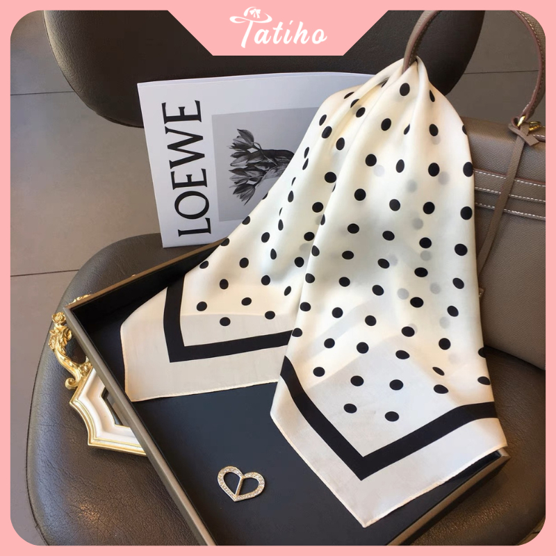 Khăn Lụa Vuông, Khăn Turban Họa Tiết Chấm Bi Màu Kem - Chất Liệu Chiffon - 70x70cm - Mã KL021