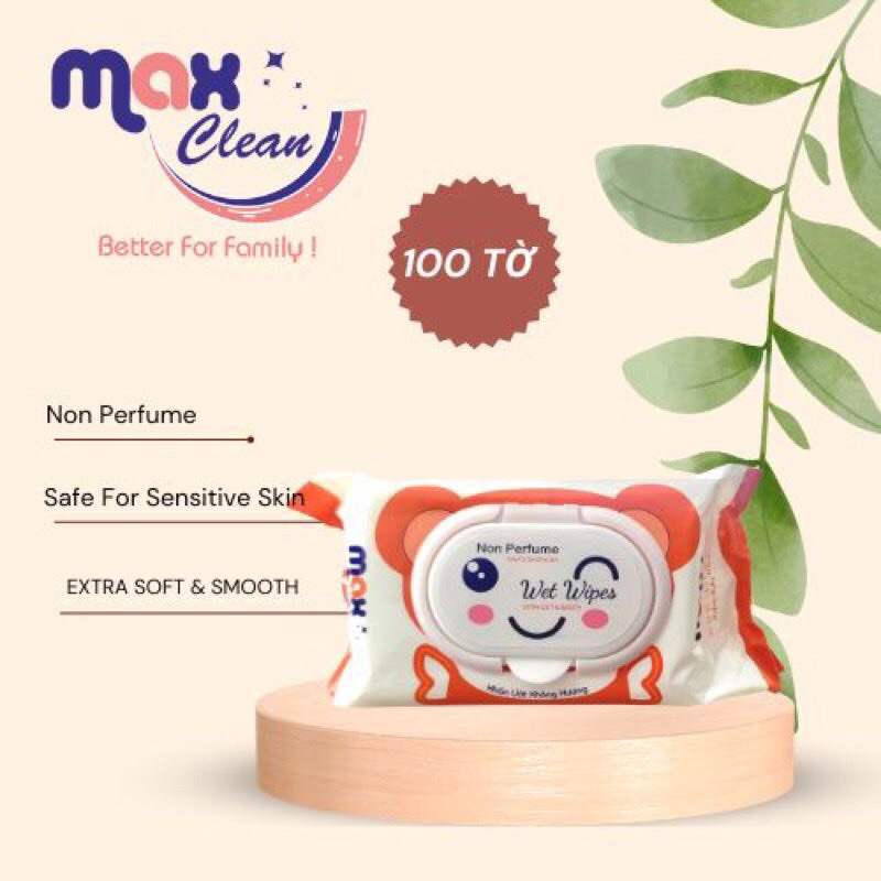 KHĂN ƯỚT MAX CLEAN 100 TỜ KHÔNG HƯƠNG SIZE 15 x 20 CM CHÍNH HÃNG MAX COOL an toàn cho bé và gia đình