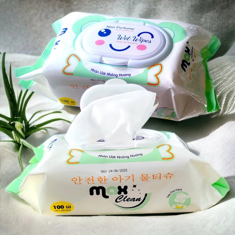 KHĂN ƯỚT MAX CLEAN 100 TỜ KHÔNG HƯƠNG SIZE 15 x 20 CM CHÍNH HÃNG MAX COOL an toàn cho bé và gia đình