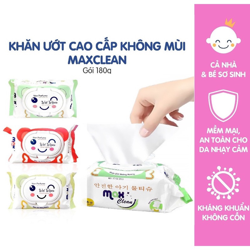 KHĂN ƯỚT MAX CLEAN 100 TỜ KHÔNG HƯƠNG SIZE 15 x 20 CM CHÍNH HÃNG MAX COOL an toàn cho bé và gia đình
