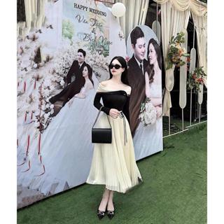 set áo trễ vai dài tay kèm chân váy dập ly dáng dài maxi tiểu thư bánh bèo đi tiệc cưới