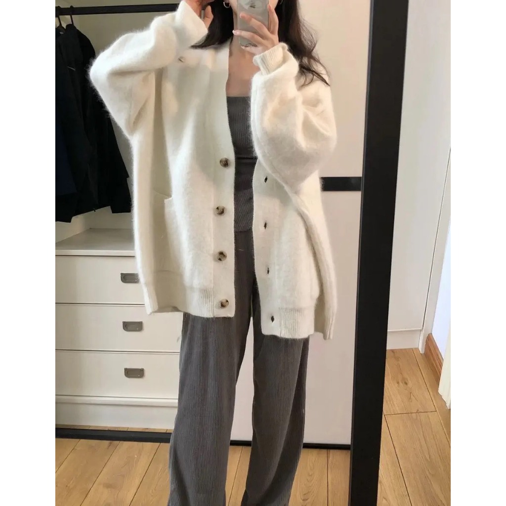 Áo cardigan len lông thỏ form dài rộng dày màu pastel ngọt ngào